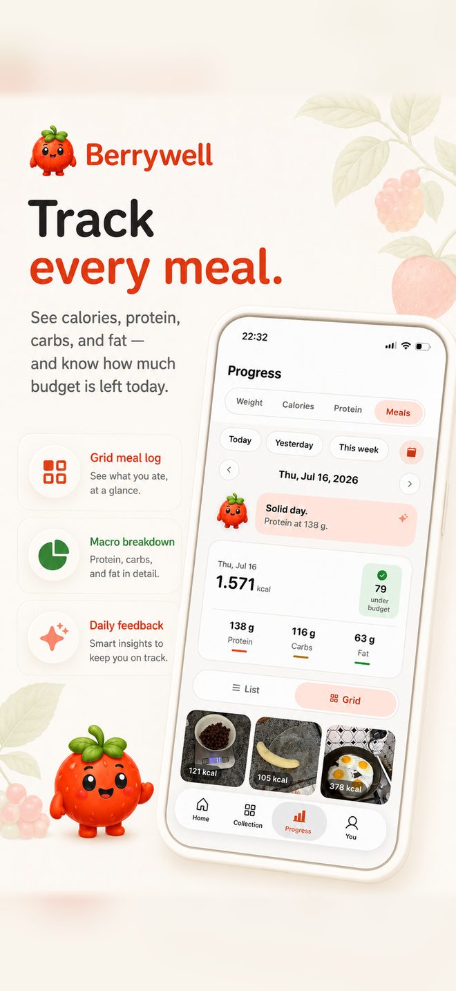 Berrywell meal log showing calories, protein, carbs, and fat for the day with meal photos.
